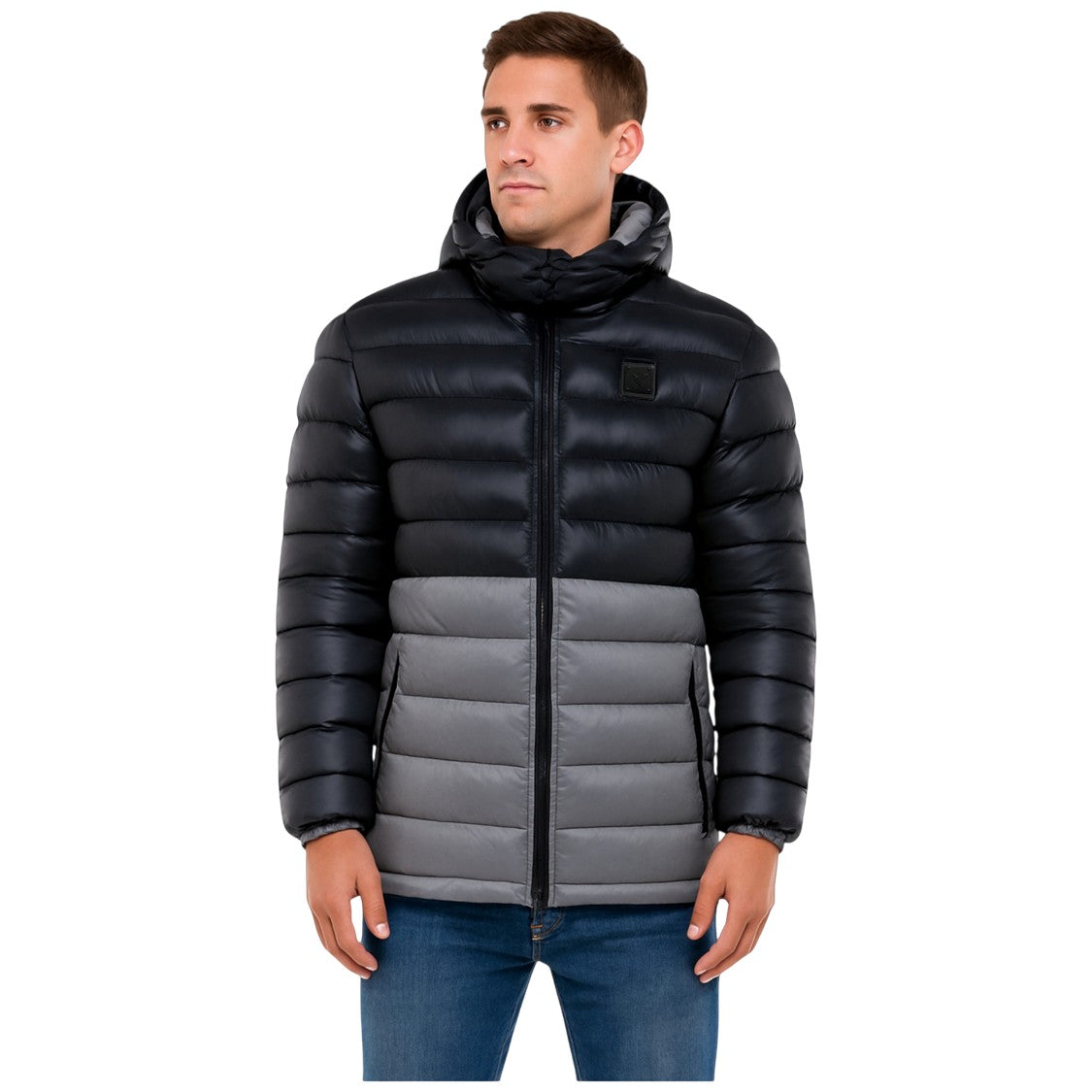 Men’s black and grey two-tone puffer jacket with detachable hood, quilted winter coat